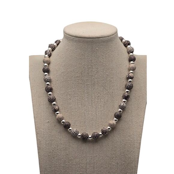 Vintage Earth Tone Pattern and Silver Beaded Stretch Necklace - Picture 2 of 6